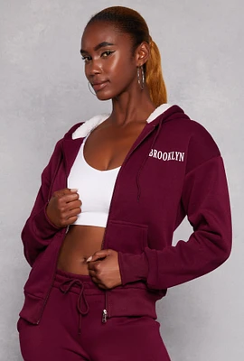 Womens City Graphic Sherpa Lined Zip Front Hoodie, Burgundy, Size M