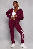 Womens City Graphic Sherpa Lined Zip Front Hoodie, Burgundy, Size M
