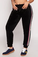 Womens Varsity Stripe Velour Joggers, Black, Size XL