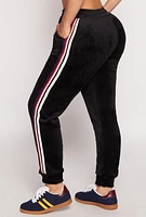 Womens Varsity Stripe Velour Joggers, Black, Size XL