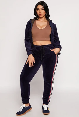 Womens Varsity Stripe Velour Joggers, Blue, Size M