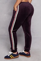 Womens Varsity Stripe Velour Joggers, Purple, Size S