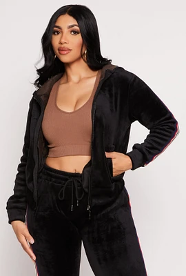 Womens Varsity Stripe Zip Front Velour Hoodie,