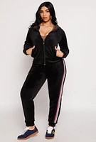 Womens Varsity Stripe Zip Front Velour Hoodie,