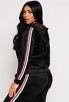 Womens Varsity Stripe Zip Front Velour Hoodie,