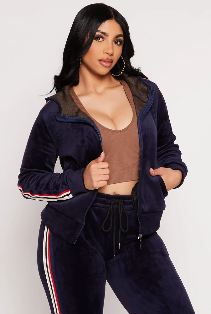 Womens Varsity Stripe Zip Front Velour Hoodie, Blue, Size S