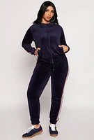 Womens Varsity Stripe Zip Front Velour Hoodie, Blue,