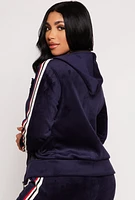 Womens Varsity Stripe Zip Front Velour Hoodie, Blue, Size S