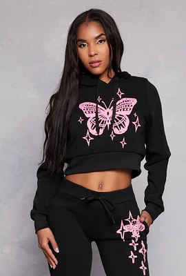 Womens Butterfly Cropped Hoodie, Black, Size M