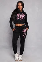 Womens Butterfly Cropped Hoodie, Black, Size M
