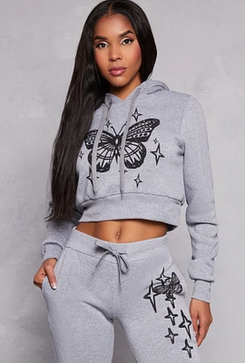 Womens Butterfly Cropped Hoodie, Grey, Size L