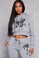 Womens Butterfly Cropped Hoodie, Grey, Size L