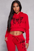 Womens Butterfly Cropped Hoodie, Red, Size XL