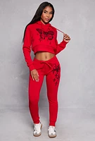 Womens Butterfly Cropped Hoodie, Red, Size XL