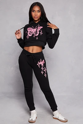 Womens Fleece Butterfly Graphic Joggers,