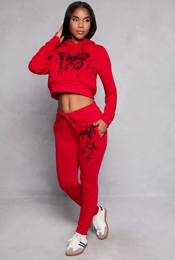 Womens Fleece Butterfly Graphic Joggers, Red, Size XL