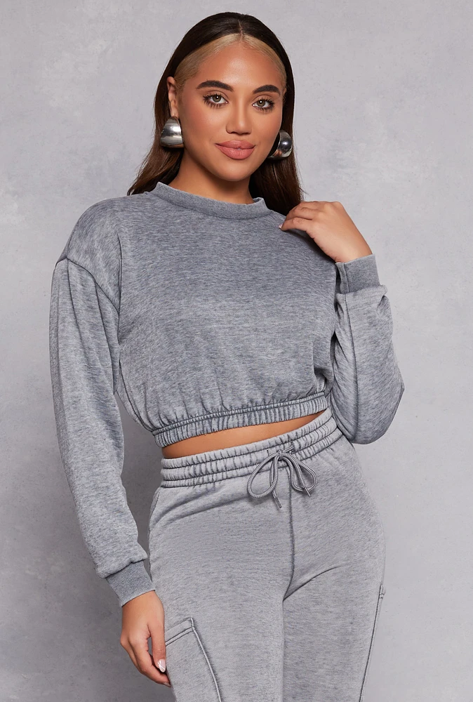 Womens Elastic Waist Cropped Sweatshirt, Grey, Size S