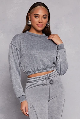 Womens Elastic Waist Cropped Sweatshirt, Grey, Size S