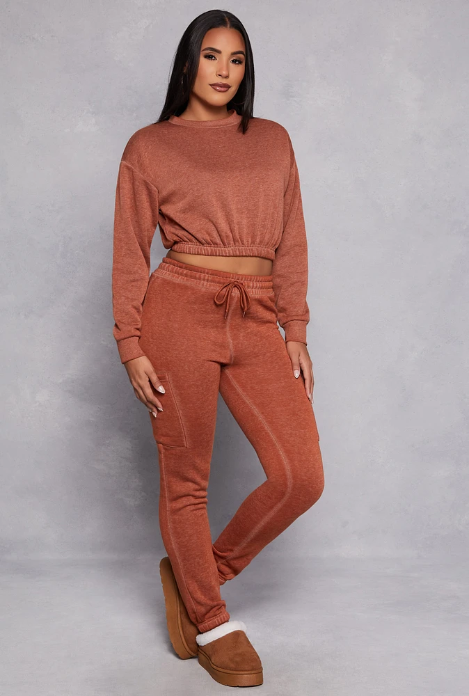 Womens Fleece Lined Drawstring Cargo Sweatpants, Brown, Size M