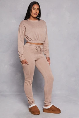 Womens Fleece Lined Drawstring Cargo Sweatpants, Khaki, Size M