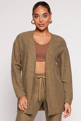 Womens Ribbed Open Front Cardigan, Green, Size M