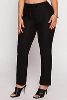 Womens Ribbed Drawstring High Waist Straight Leg Pants, Black, Size M