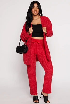 Womens Ribbed Drawstring High Waist Straight Leg Pants, Red, Size L