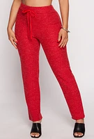 Womens Ribbed Drawstring High Waist Straight Leg Pants, Red, Size L