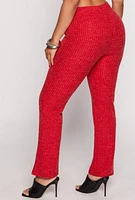 Womens Ribbed Drawstring High Waist Straight Leg Pants, Red, Size L