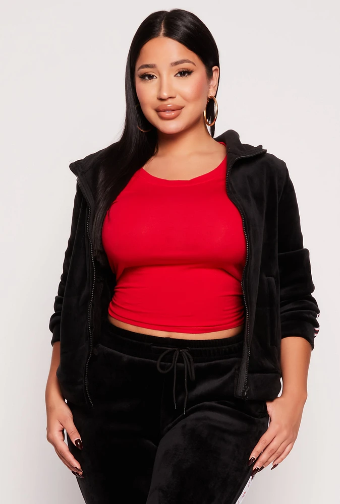 Womens Love Varsity Stripe Zip Up Velour Hoodie, Black, Size S-M