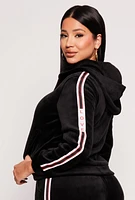 Womens Love Varsity Stripe Zip Up Velour Hoodie, Black, Size S-M