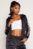 Womens Love Varsity Stripe Zip Up Velour Hoodie, Grey, Size S-M