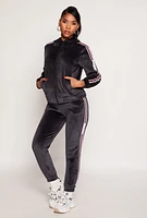 Womens Love Varsity Stripe Zip Up Velour Hoodie, Grey, Size S-M