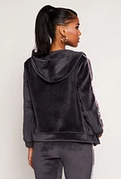 Womens Love Varsity Stripe Zip Up Velour Hoodie, Grey, Size S-M