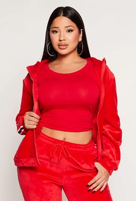 Womens Love Varsity Stripe Zip Up Velour Hoodie, Red, Size S-M