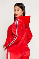 Womens Love Varsity Stripe Zip Up Velour Hoodie, Red,