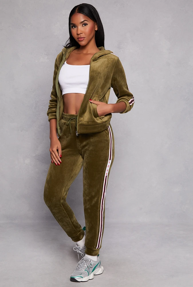 Womens Love Varsity Striped Velour Joggers, Green, Size L-XL