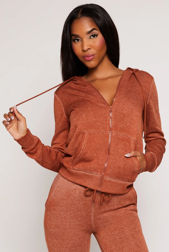 Womens Fleece Zip Front Hoodie, Brown, Size M