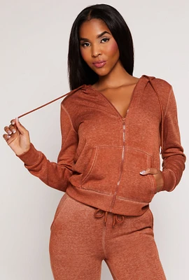 Womens Fleece Zip Front Hoodie, Brown, Size M