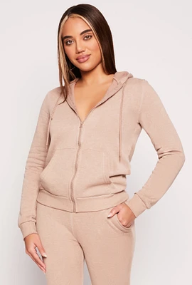 Womens Fleece Zip Front Hoodie, Beige, Size M
