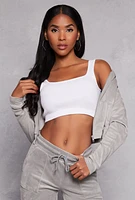 Womens Velour Zip Front Hooded Crop Top, Grey, Size S