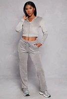 Womens Velour Zip Front Hooded Crop Top, Grey, Size M