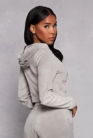 Womens Velour Zip Front Hooded Crop Top, Grey, Size M
