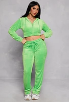 Womens Velour Zip Front Hooded Crop Top,