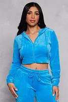 Womens Velour Zip Front Hooded Crop Top,