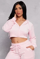 Womens Velour Zip Front Hooded Crop Top, Pink, Size L