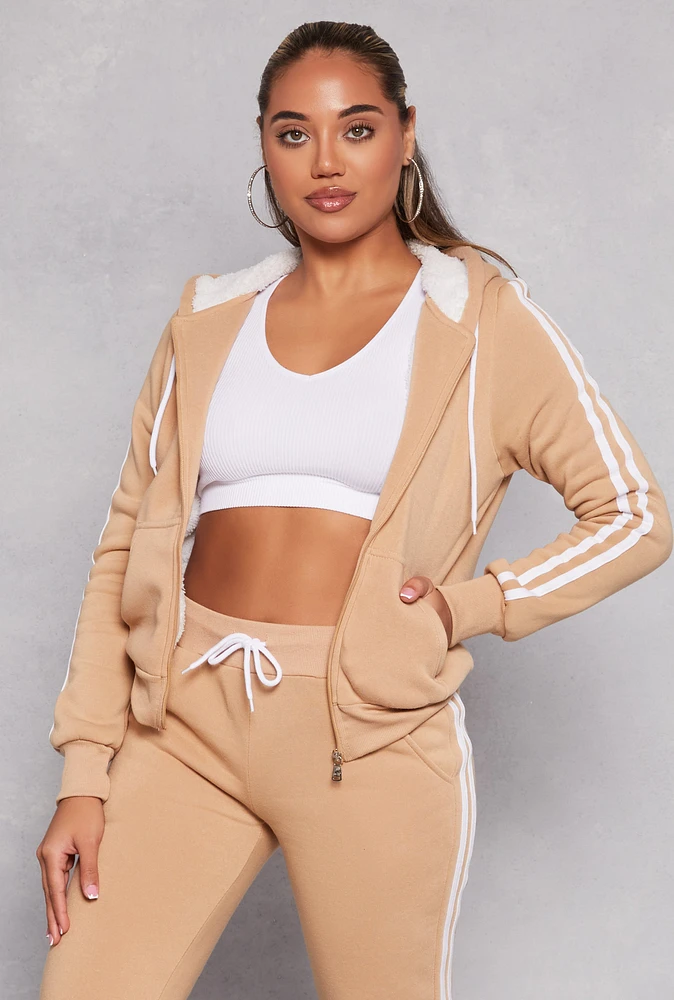 Womens Varsity Stripe Zip Front Sherpa Lined Hoodie, Beige, Size S