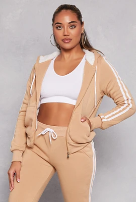Womens Varsity Stripe Zip Front Sherpa Lined Hoodie, Beige, Size S