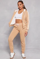 Womens Varsity Stripe Zip Front Sherpa Lined Hoodie, Beige, Size S