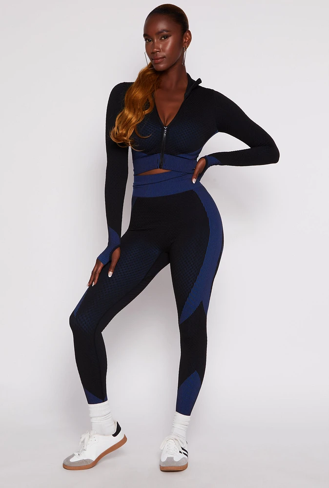 Womens Seamless Textured Knit High Waist Leggings, Blue, Size M